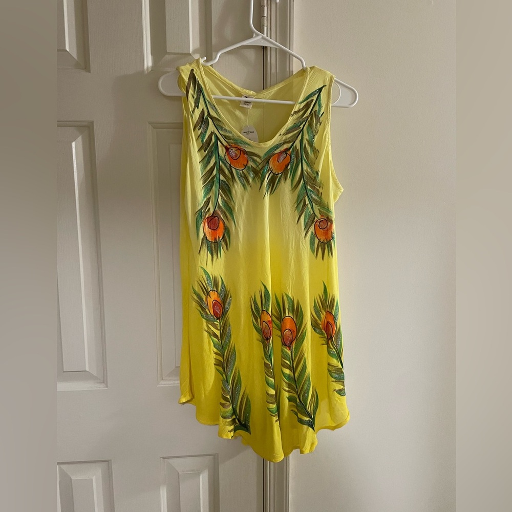 Yellow Seven Islands Umbrella Dress with Peacock Feather Design - One Size